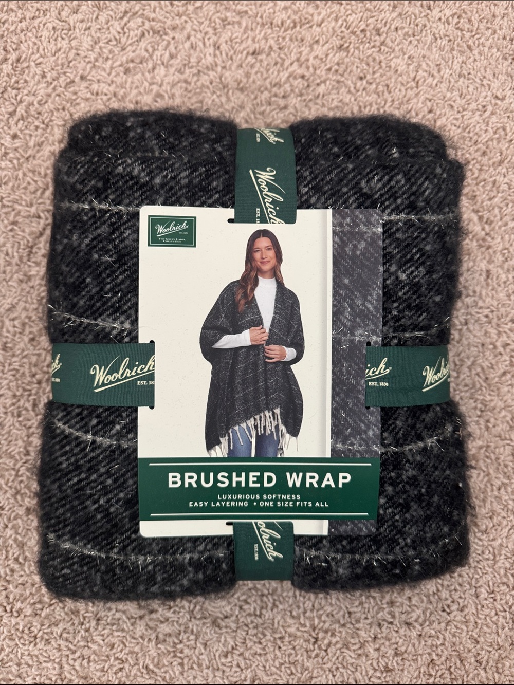 Woolrich Charcoal & White Plaid Brushed Wrap with Fringe